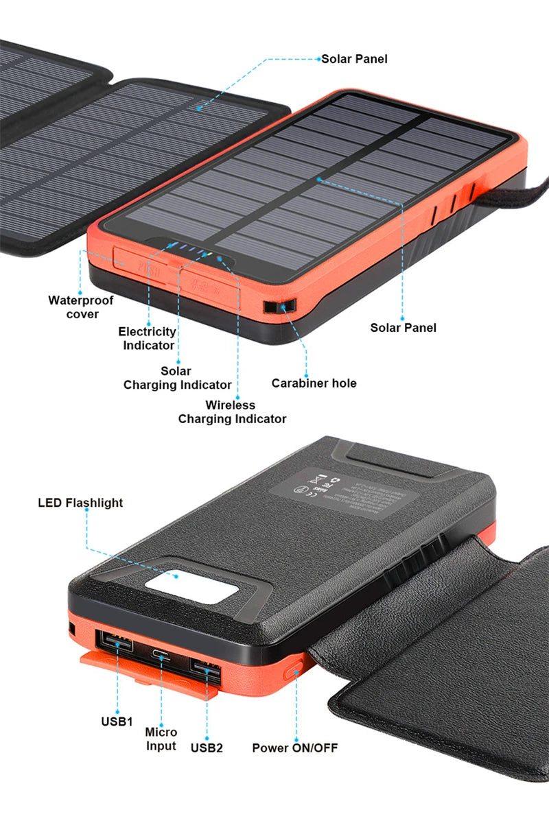Folding Solar Power Bank 20000mAh Portable External Battery Charger for iPhone 14 13 Powerbank with LED Light Dual 2.1A USB Port