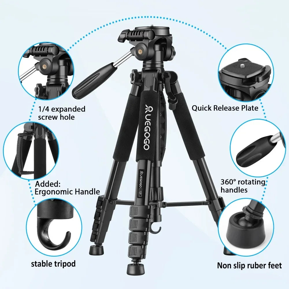 Q188 187cm/73in Tall Tripod Stand for Professional Camera Spotlight Telescope Binoculars 360° Rotatable Phone Holder for Video