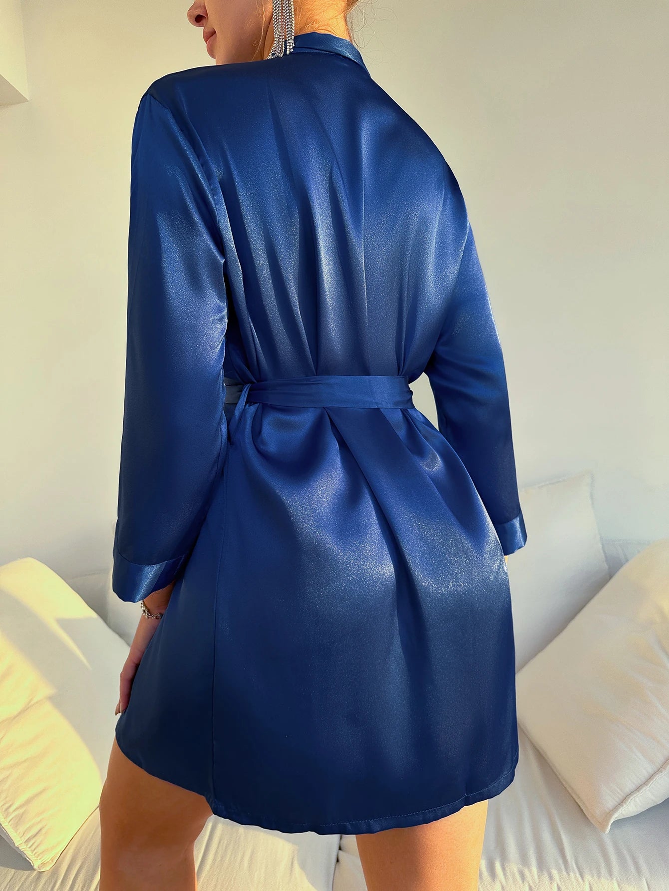 Pajamas women summer European and American ladies lace-up bathrobe sexy morning gown home dress can wear ice silk robe