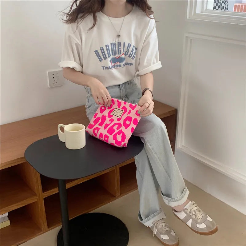 Pink Leopard Print Women Cosmetic Bag Retro Flower Ladies Small Clutch Purse Travel Handbags Schoolgirl Pencil Storage Bags