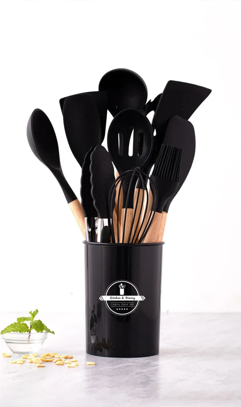 12Set of Wooden Handle Silicone Household Kitchen Tools Non-Stick Pan Cooking Spatula and Soup Spoon Silicone Kitchenware Set