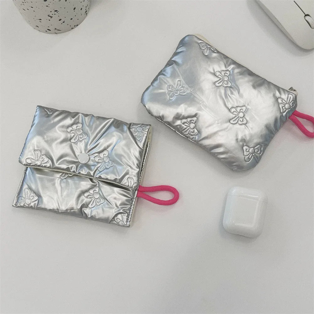 Silver Lingge Bow Pattern  Coin Purses Small Canvas Coin Wallet Lady Girls Earphone Coin Key Money Storage Bag Zipper Pouch