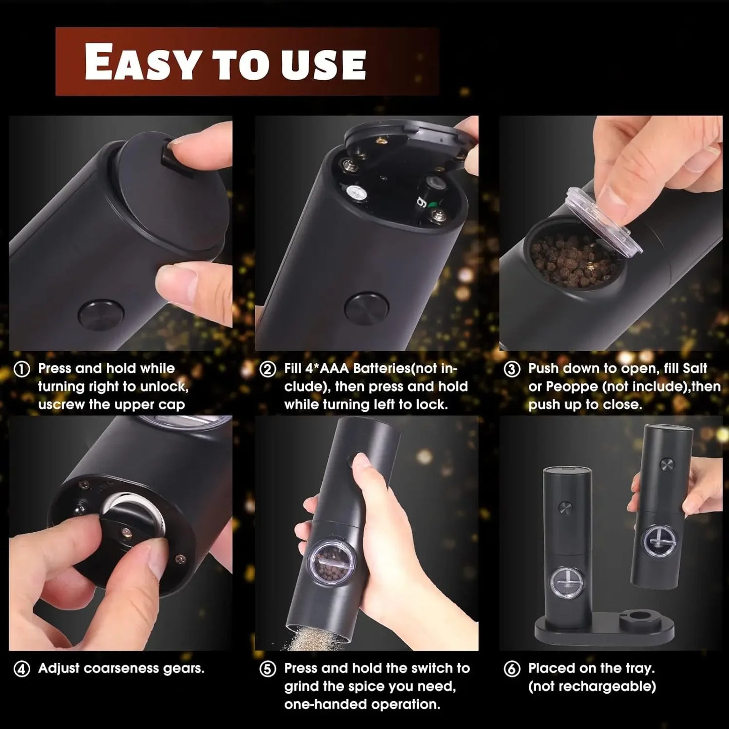 Electric Automatic Mill Pepper And Salt Grinder With Base Set Battery Powered With LED Light Adjustable Coarseness Kitchen Tool