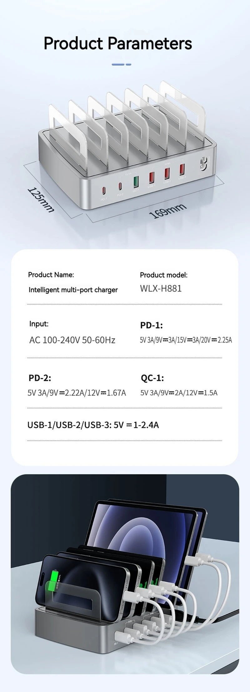 6IN1 Universal 72W 6 Port Multi USB Type C QC3.0 Charger PD Fast Charging Dock Station for Iphone 16 15 14 13 12 Pro Max Samsung