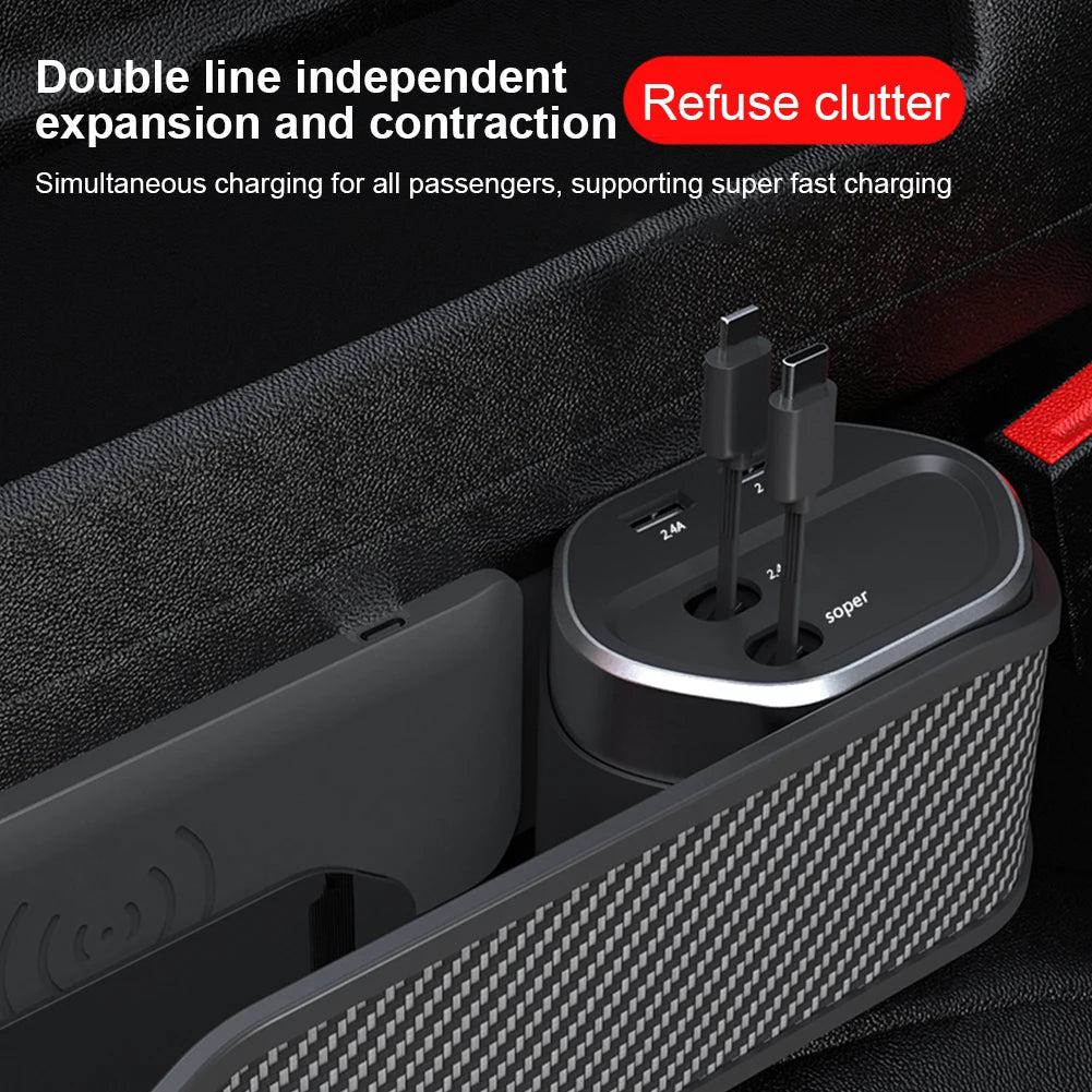Car Seat Gap Filler Organizer USB Type-C Front Seat Console Side Pocket 10W Car Seat Gap Holder Multifunctional Wireless Charger