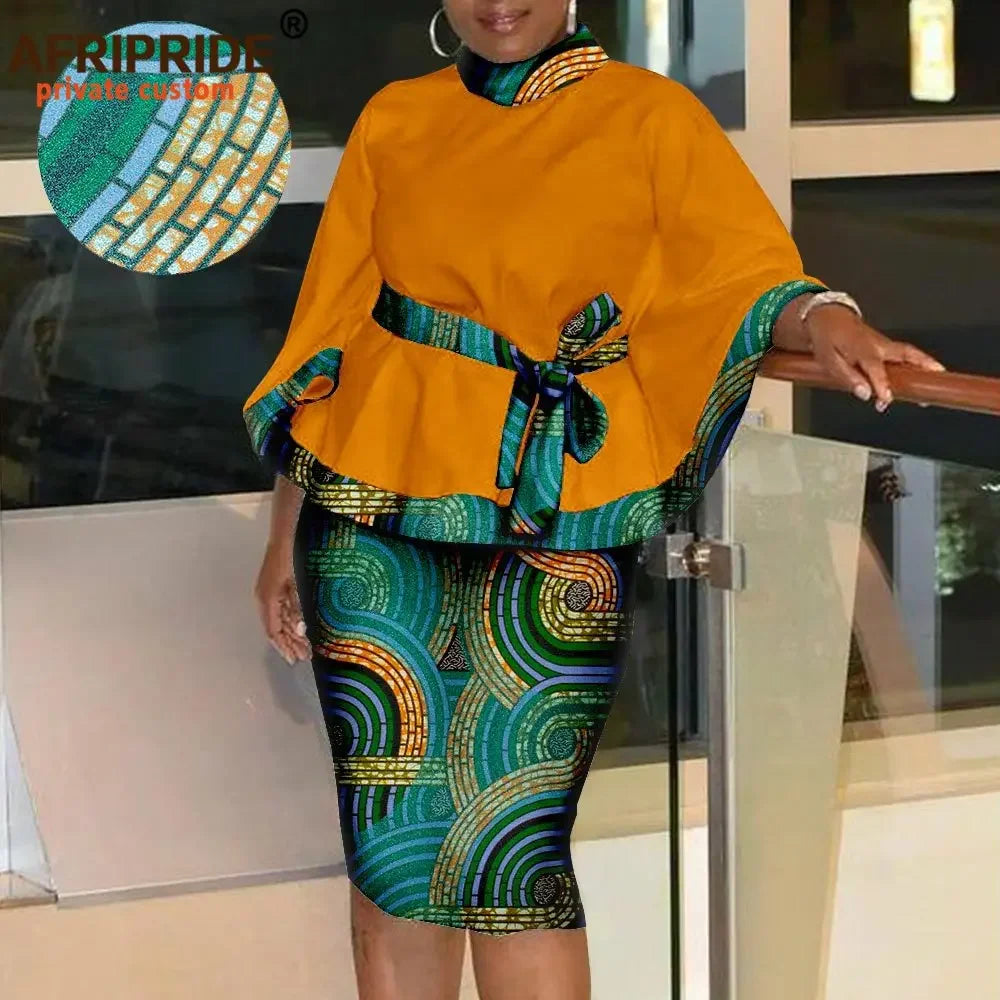 Women`s Casual African Clothing Traditional Set Dashiki Print Shirt and Ankara Skirt 2 Piece Tribal Outfits S2026009
