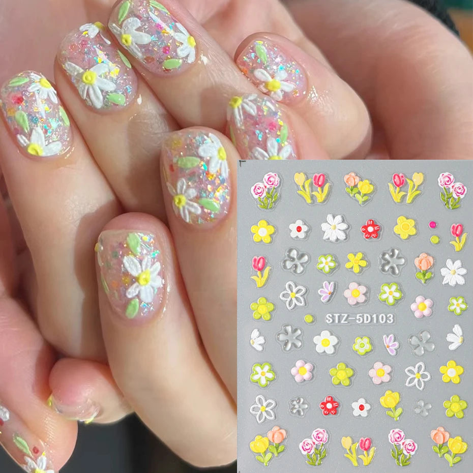 5D Embossed Flower Nail Stickers Decals Sunflower Daisy Spring Engraved Sliders DIY Manicure Decoration Accesories