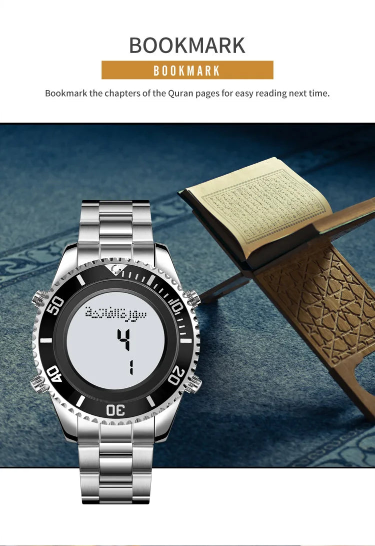 SKMEI 2141 Stainless Steel Digital Watche Muslim Azan Prayer Compass Clock Adhan Alarm Hijri Islamic Wristwatch with Back Light
