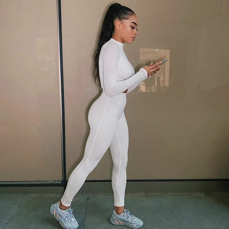 Two Piece Sets Women Solid Autumn Tracksuits High Waist Stretchy Sportswear Hot Crop Tops And Leggings Matching Outfits