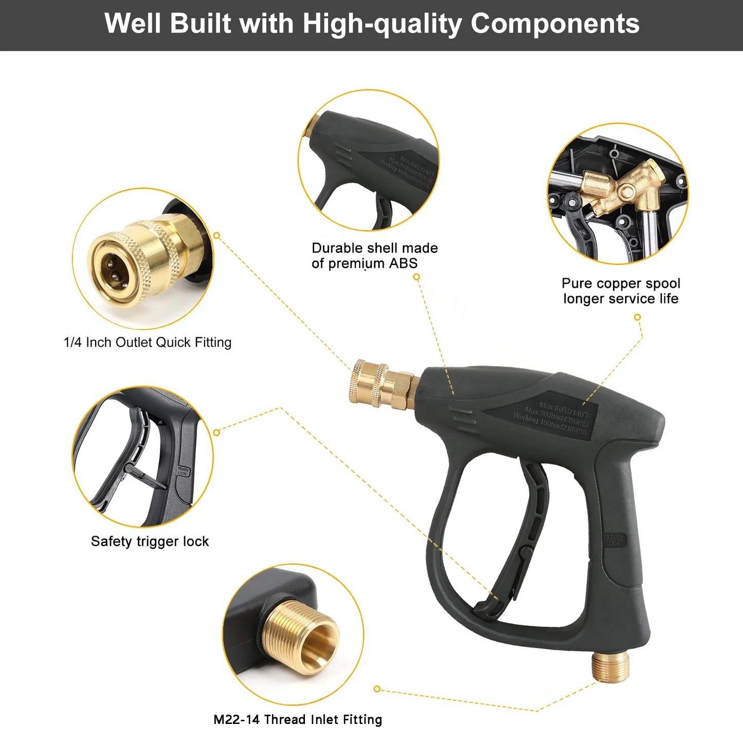High Pressure Washer Gun , Car Washer Gun with 5 Nozzles and M22 Coupler For Car Washing And Garden Cleaning Tools