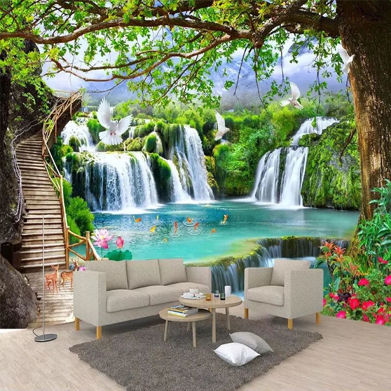 Green Big Tree Waterfall Nature Landscape Wall Painting Custom 3D Photo Wallpaper For Living Room TV Background Mural De Parede