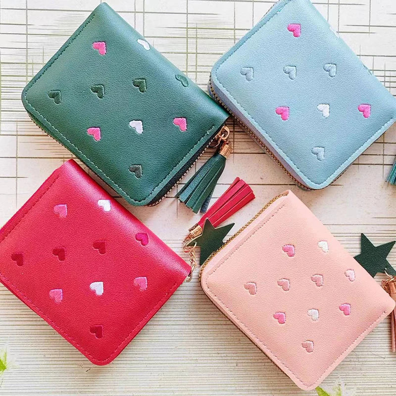 Pu Leather Card Bag Mini Wallet Ladies Money Clip Love Embroidery Multifunctional Wallet Women Short Certificate Storage Bags