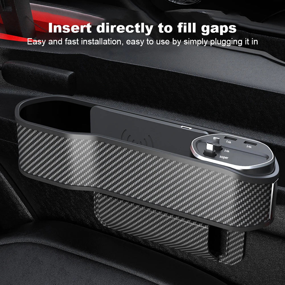 Car Seat Gap Filler Organizer USB Type-C Front Seat Console Side Pocket 10W Car Seat Gap Holder Multifunctional Wireless Charger