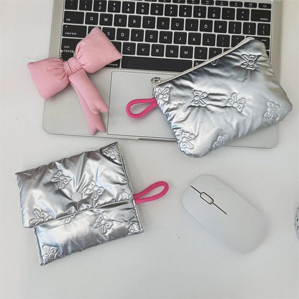 Silver Lingge Bow Pattern  Coin Purses Small Canvas Coin Wallet Lady Girls Earphone Coin Key Money Storage Bag Zipper Pouch