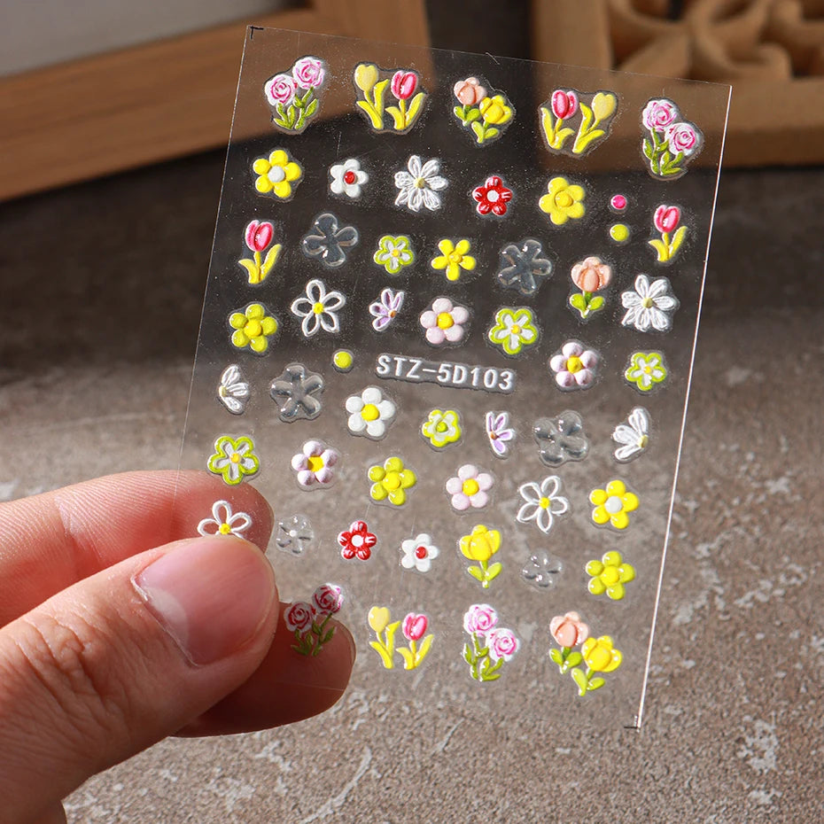 5D Embossed Flower Nail Stickers Decals Sunflower Daisy Spring Engraved Sliders DIY Manicure Decoration Accesories