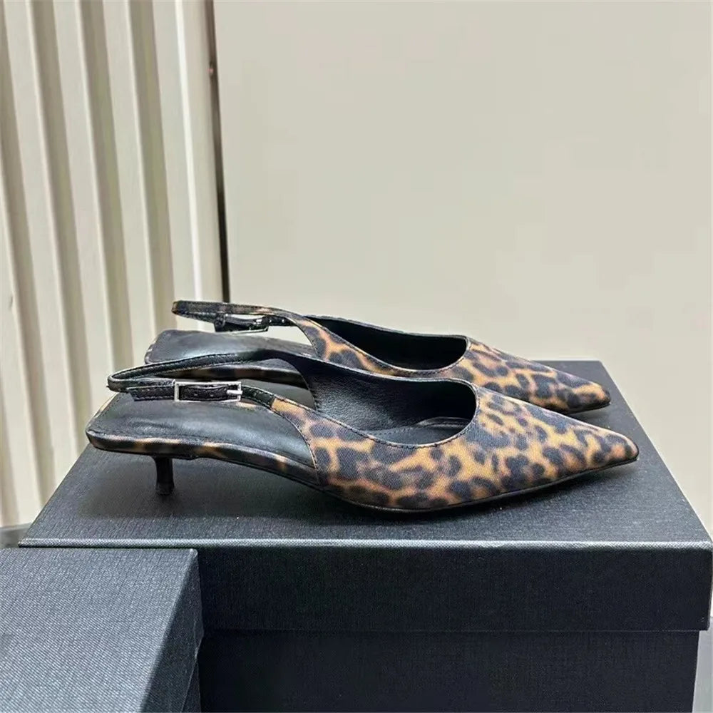 FEDONAS Ins Women Kitten Heels Slingbacks Sandals Leopard Genuine Leather Pointed Toe Party Wedding Shoes Woman Quality Pumps