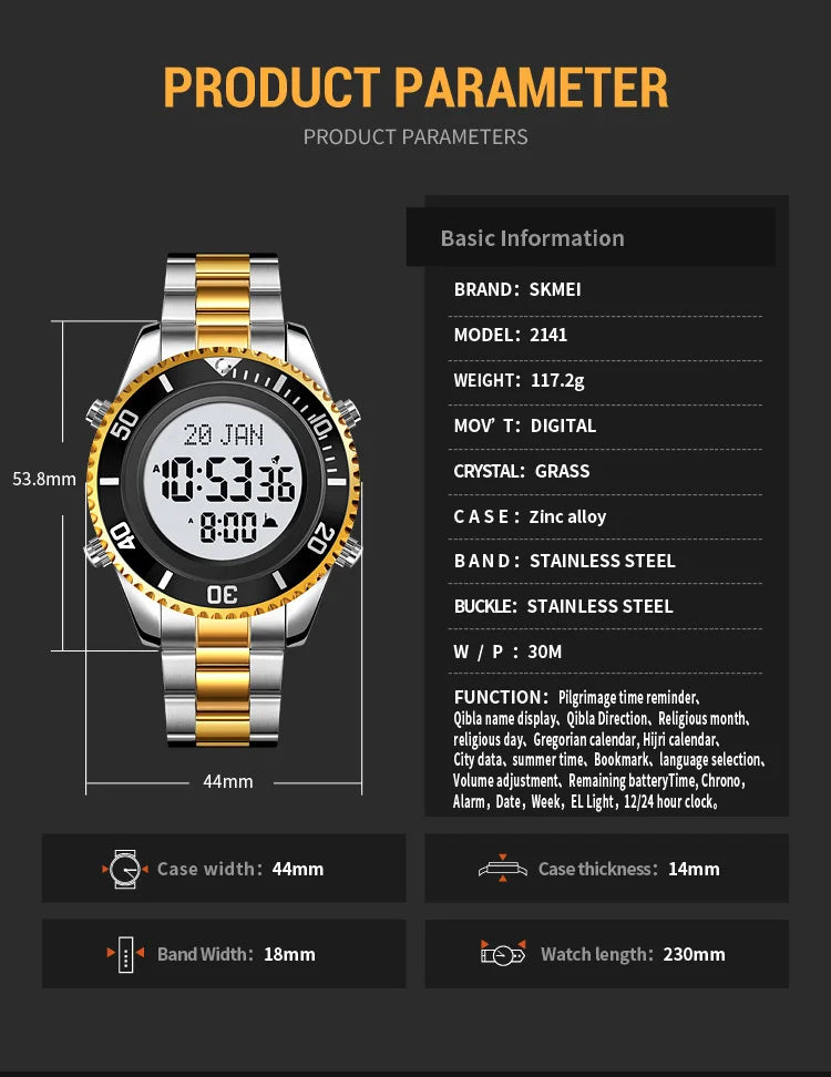 SKMEI 2141 Stainless Steel Digital Watche Muslim Azan Prayer Compass Clock Adhan Alarm Hijri Islamic Wristwatch with Back Light
