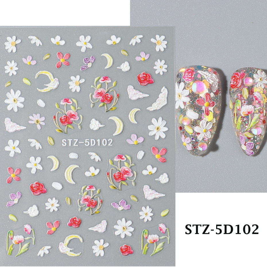 5D Embossed Flower Nail Stickers Decals Sunflower Daisy Spring Engraved Sliders DIY Manicure Decoration Accesories