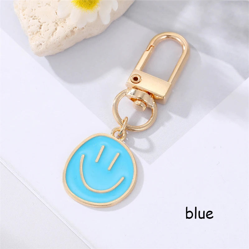 Lovely Smile Face Keychain Cute White Purple Yellow Pink Blue Black Enamel Metal Key Ring Bag Accessories For Women Ladies