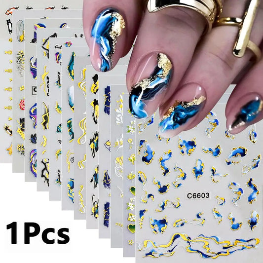1Pcs Blue Purple Marble Stripe 3D Nail Art Stickers Bronzing Wave Line Ink Blooming Geometry Slider Self-Adhesive Manicure Decal