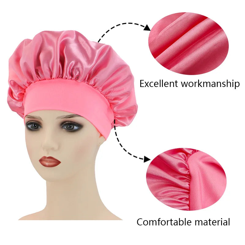 Satin Bonnets Night Sleeping Cap Large Elastic Wide Soft Band Colorful Silk Hat for Curly Hair Care Beauty Makeup for Women