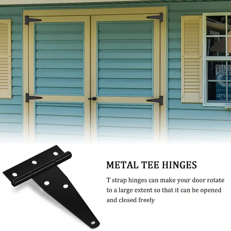 4Pcs T-Hinge Gate Shed Hinges In Black, 3 Inch Door Barn, Heavy Duty T-Strap