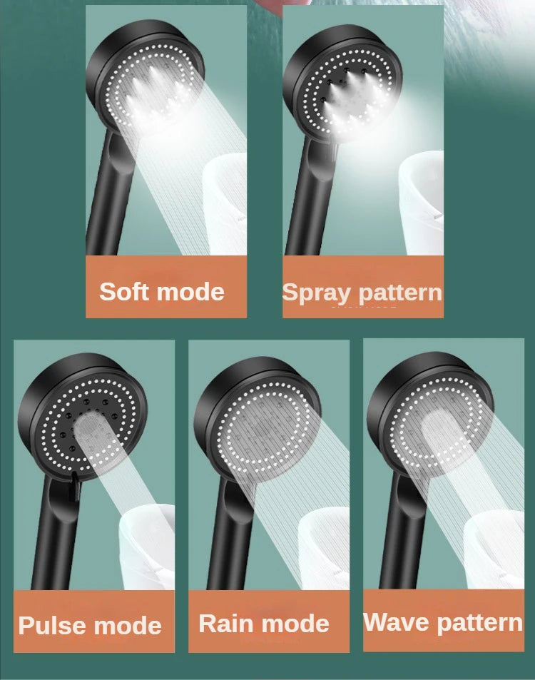 High Pressure Shower Head 5 Modes Adjustable Showerheads with Hose Water Saving One-Key Stop Spray Nozzle Bathroom Accessories