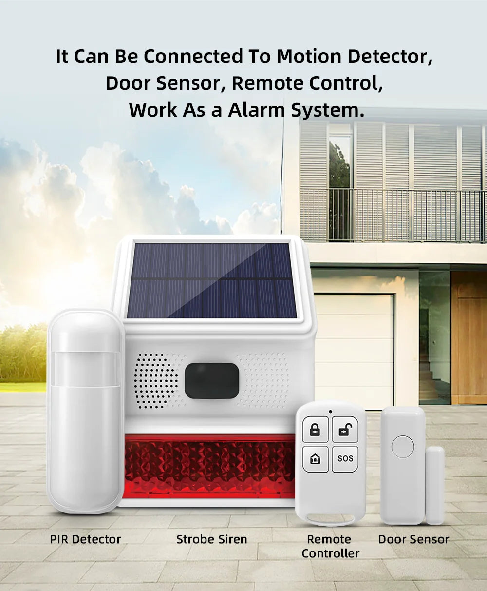433MHz Solar Outdoor Waterproof Siren with LED Flashing Light Function as Home Garage Shed Alarm System