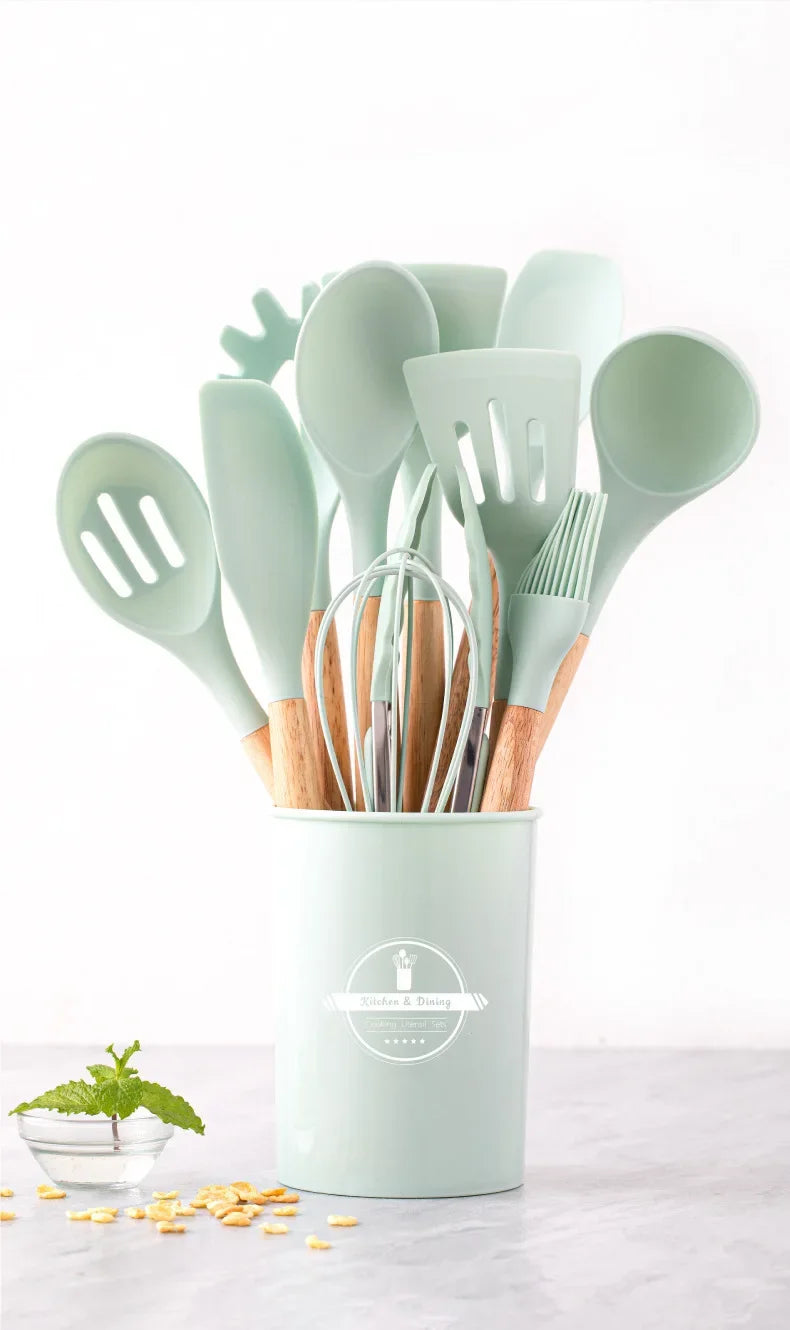 12Set of Wooden Handle Silicone Household Kitchen Tools Non-Stick Pan Cooking Spatula and Soup Spoon Silicone Kitchenware Set