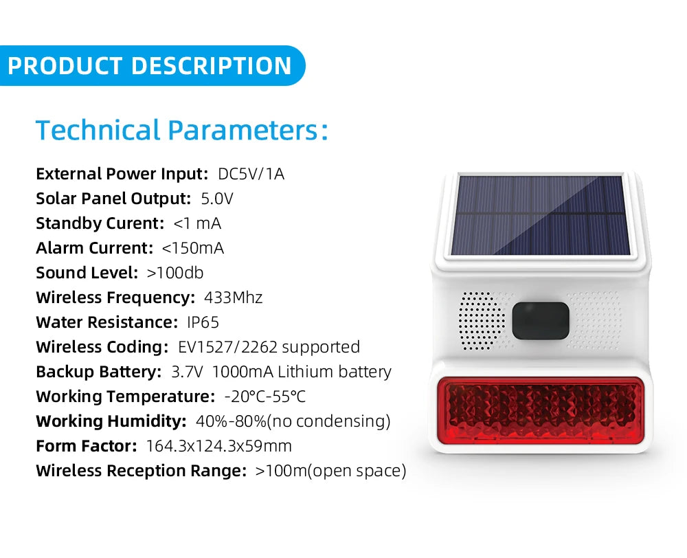 433MHz Solar Outdoor Waterproof Siren with LED Flashing Light Function as Home Garage Shed Alarm System