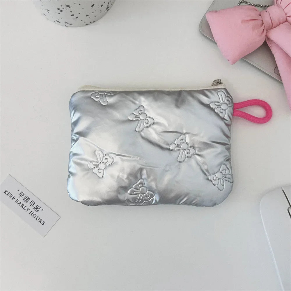 Silver Lingge Bow Pattern  Coin Purses Small Canvas Coin Wallet Lady Girls Earphone Coin Key Money Storage Bag Zipper Pouch