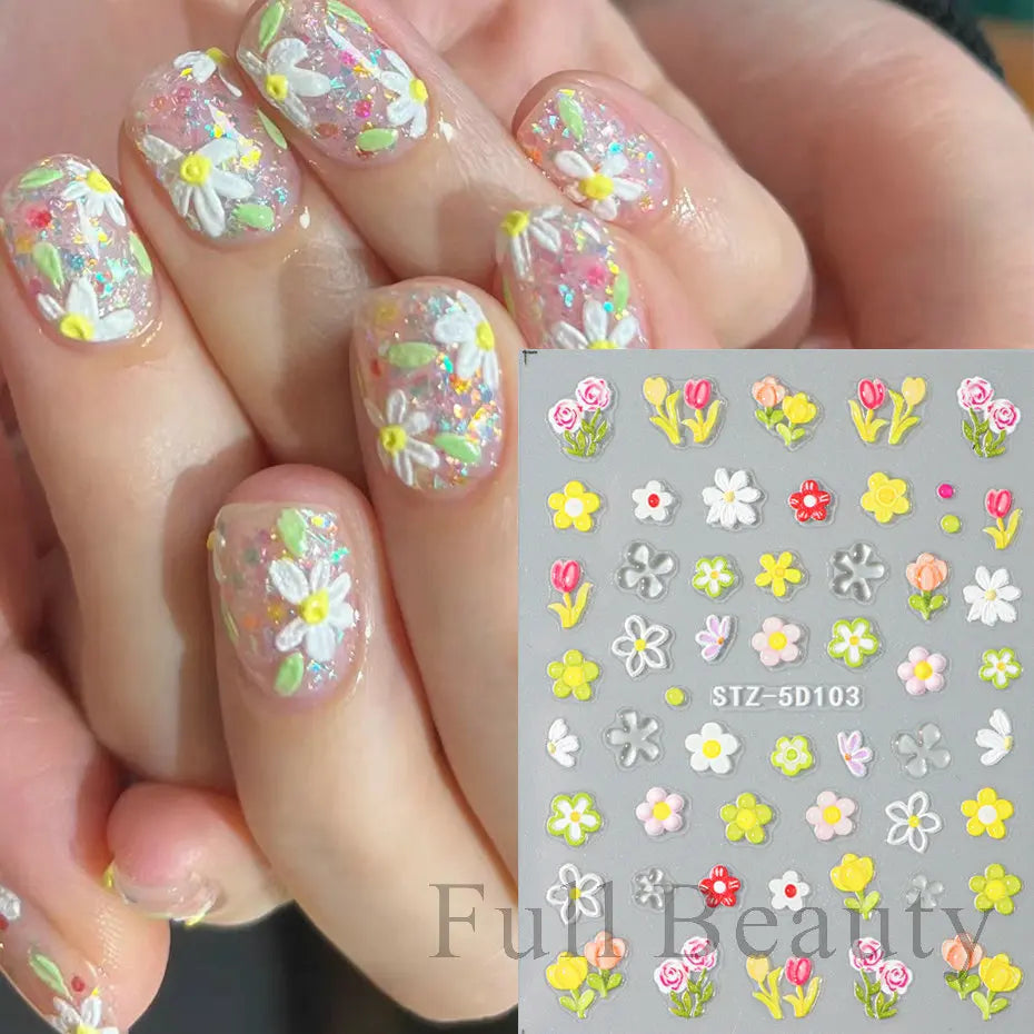 5D Embossed Flower Nail Stickers Decals Sunflower Daisy Spring Engraved Sliders DIY Manicure Decoration Accesories
