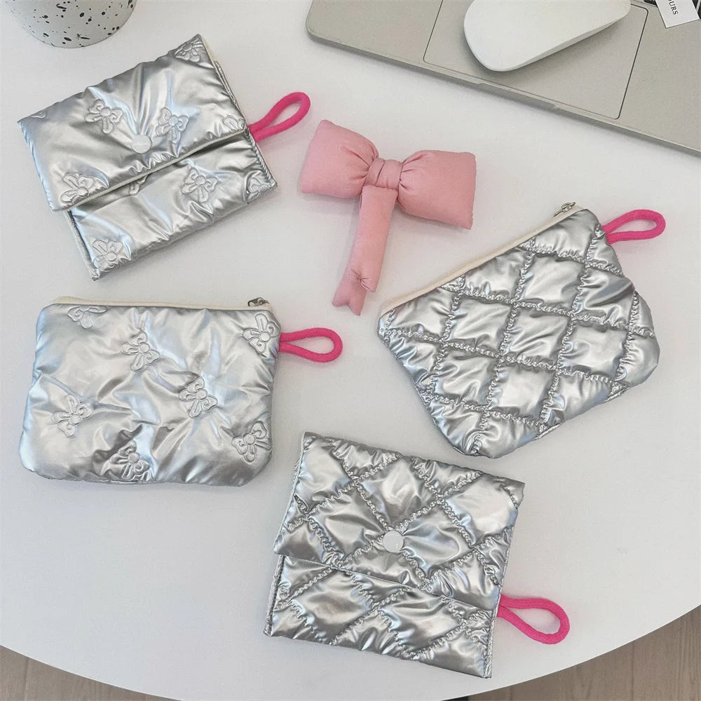 Silver Lingge Bow Pattern  Coin Purses Small Canvas Coin Wallet Lady Girls Earphone Coin Key Money Storage Bag Zipper Pouch