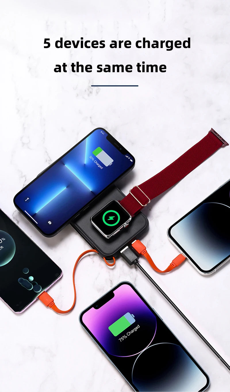 10000mAh Magnetic Wireless Power Bank With Cable Portable USB C Fast Charging External Battery For IPhone 15 Samsung Apple Watch
