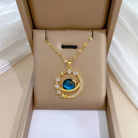 Blue Fantasy Saturn Planet Crystal Necklace for Women Girls Accessories Jewelry Gifts for Friends Family Stainless Steel Chain