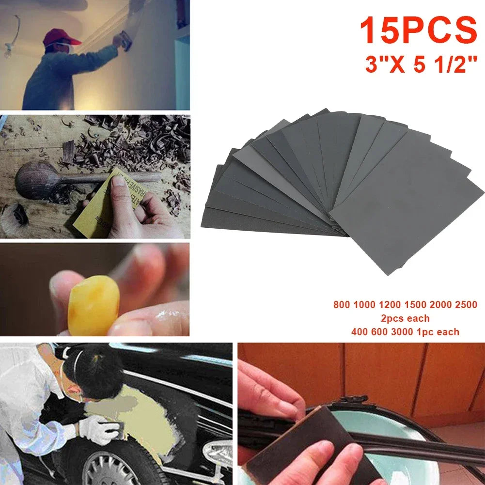 15PCS Wet/Dry Sandpaper Set Polishing 400-3000 Grit Abrasive Sanding Paper for Wood, Metal, Car, Furniture Repair