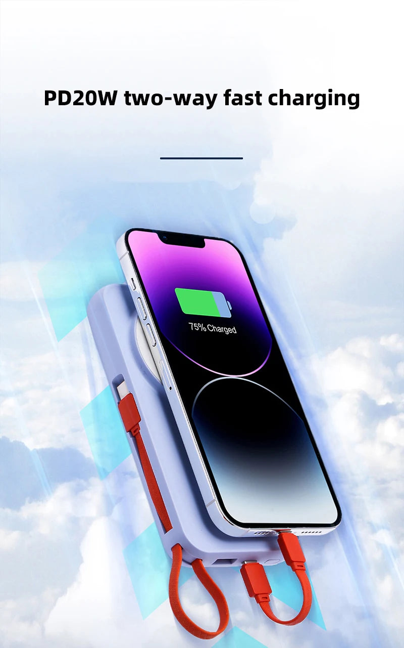 10000mAh Magnetic Wireless Power Bank With Cable Portable USB C Fast Charging External Battery For IPhone 15 Samsung Apple Watch