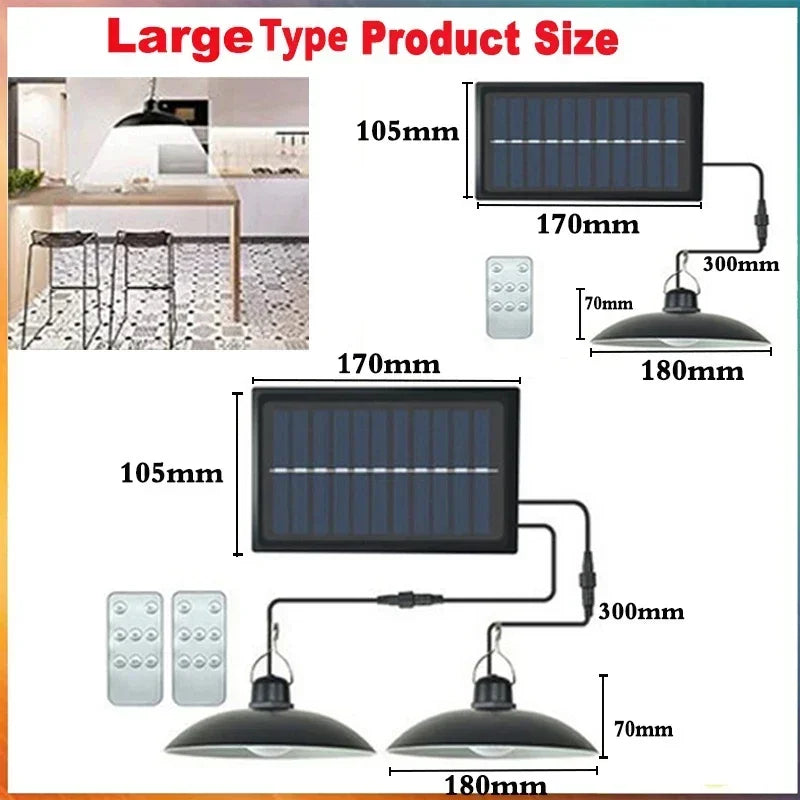 2/1 Head Solar Pendant Light Remote Outdoor Lamp Waterproof Power Garden Chandelier Indoor Garden Yard Shed Barn LED with Remote