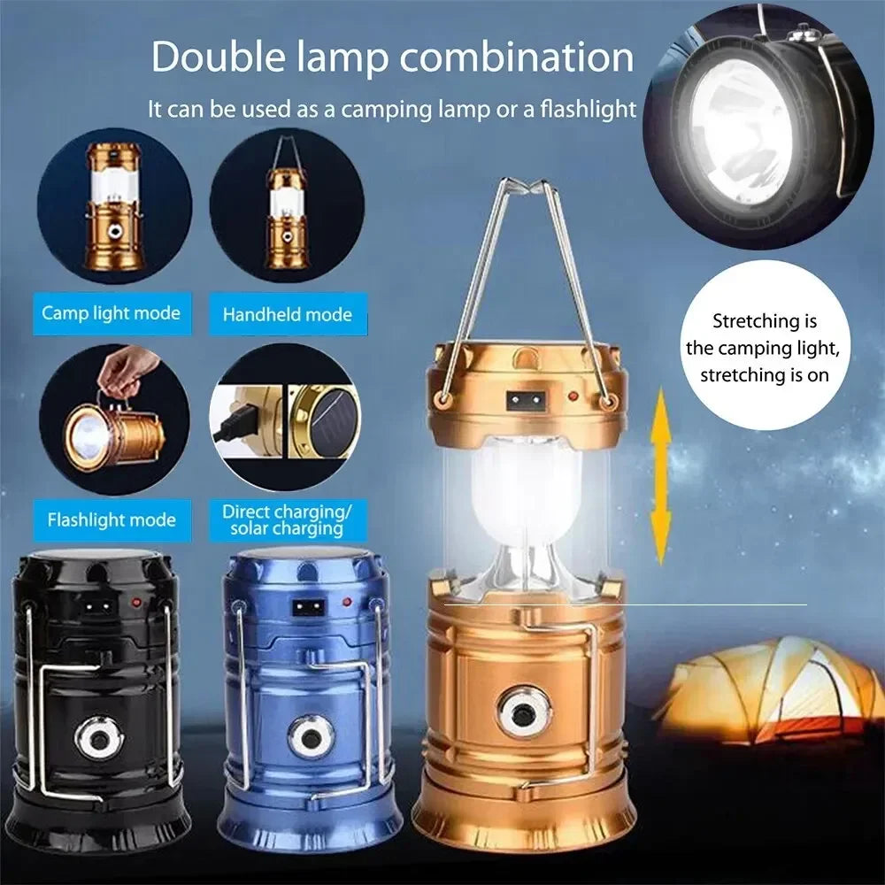 Solar Portable Lantern LED Flashlight Telescopic Torch Outdoor Camping Light Tent Lamp USB Rechargeable Emergency Work Light