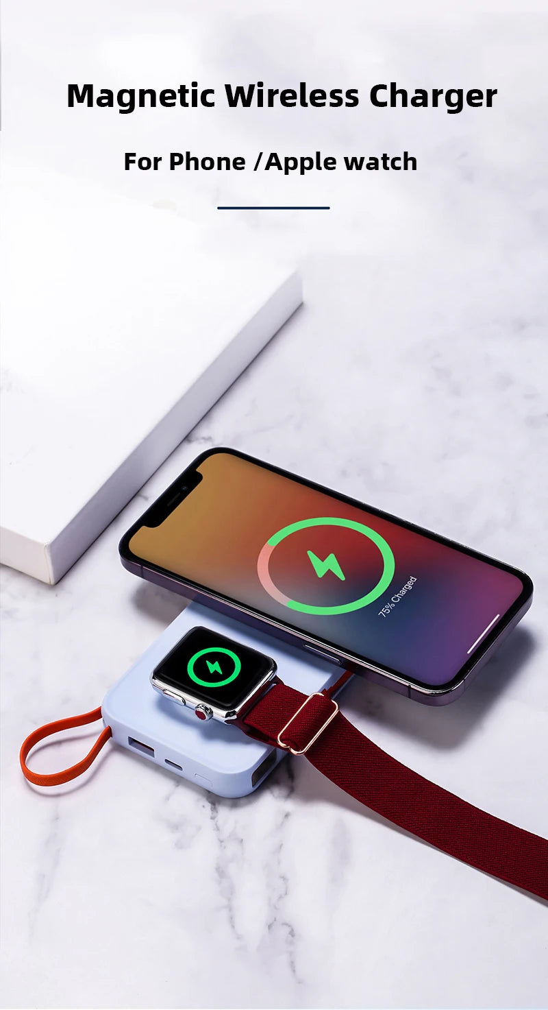 10000mAh Magnetic Wireless Power Bank With Cable Portable USB C Fast Charging External Battery For IPhone 15 Samsung Apple Watch