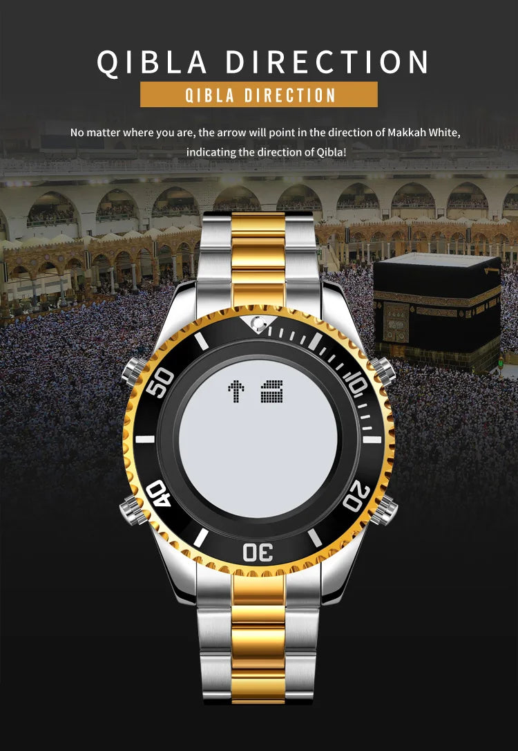 SKMEI 2141 Stainless Steel Digital Watche Muslim Azan Prayer Compass Clock Adhan Alarm Hijri Islamic Wristwatch with Back Light