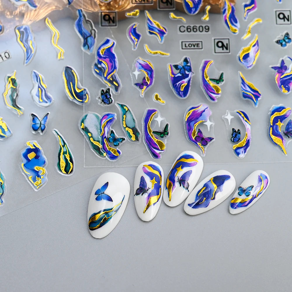 1Pcs Blue Purple Marble Stripe 3D Nail Art Stickers Bronzing Wave Line Ink Blooming Geometry Slider Self-Adhesive Manicure Decal