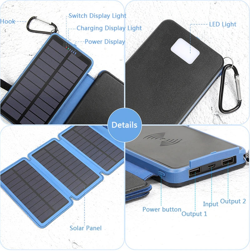 Folding Solar Power Bank 20000mAh Portable External Battery Charger for iPhone 14 13 Powerbank with LED Light Dual 2.1A USB Port