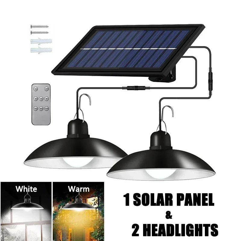2/1 Head Solar Pendant Light Remote Outdoor Lamp Waterproof Power Garden Chandelier Indoor Garden Yard Shed Barn LED with Remote