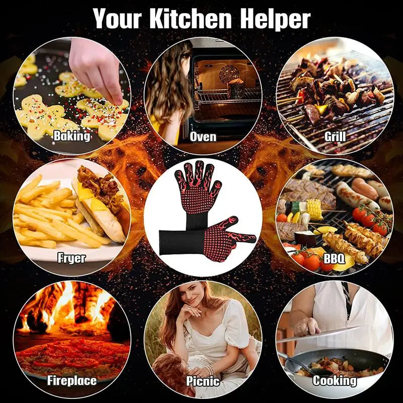 BBQ Gloves Fireproof Heat Resistant Oven Mitts Silicone Non-Slip Kitchen Grilling Gloves Barbecue Cooking Baking Smoker Gloves