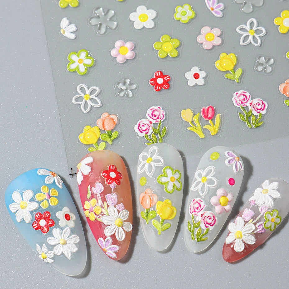5D Embossed Flower Nail Stickers Decals Sunflower Daisy Spring Engraved Sliders DIY Manicure Decoration Accesories