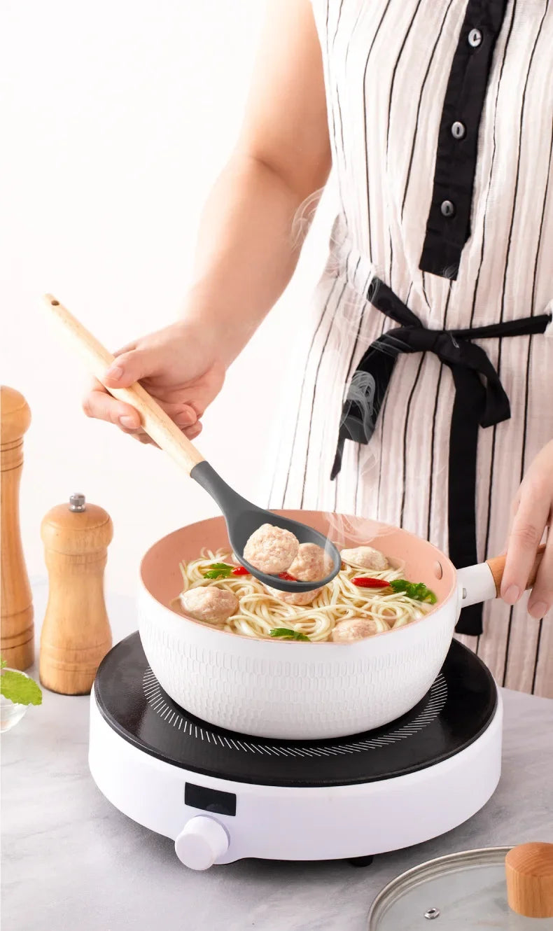 12Set of Wooden Handle Silicone Household Kitchen Tools Non-Stick Pan Cooking Spatula and Soup Spoon Silicone Kitchenware Set