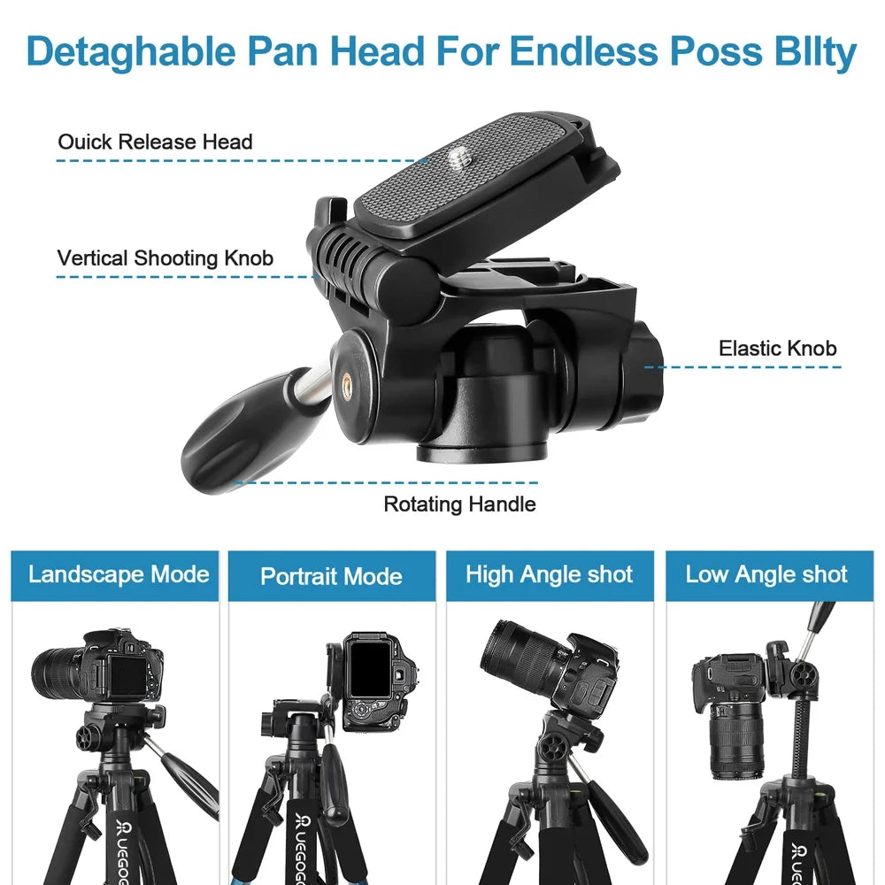 Q188 187cm/73in Tall Tripod Stand for Professional Camera Spotlight Telescope Binoculars 360° Rotatable Phone Holder for Video