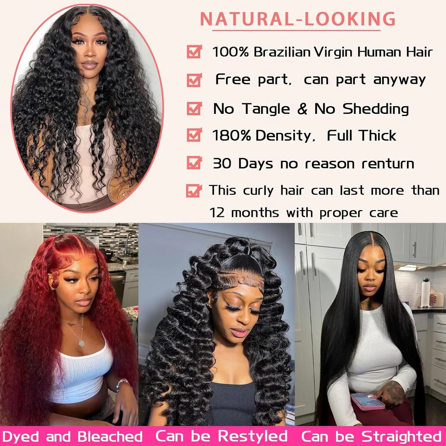 Long Deep Wave Lace Front Wigsfor Women 210% Density Curly Lace Frontal Wigs Human Hair Pre Plucked Natural Black (38 Inch)
