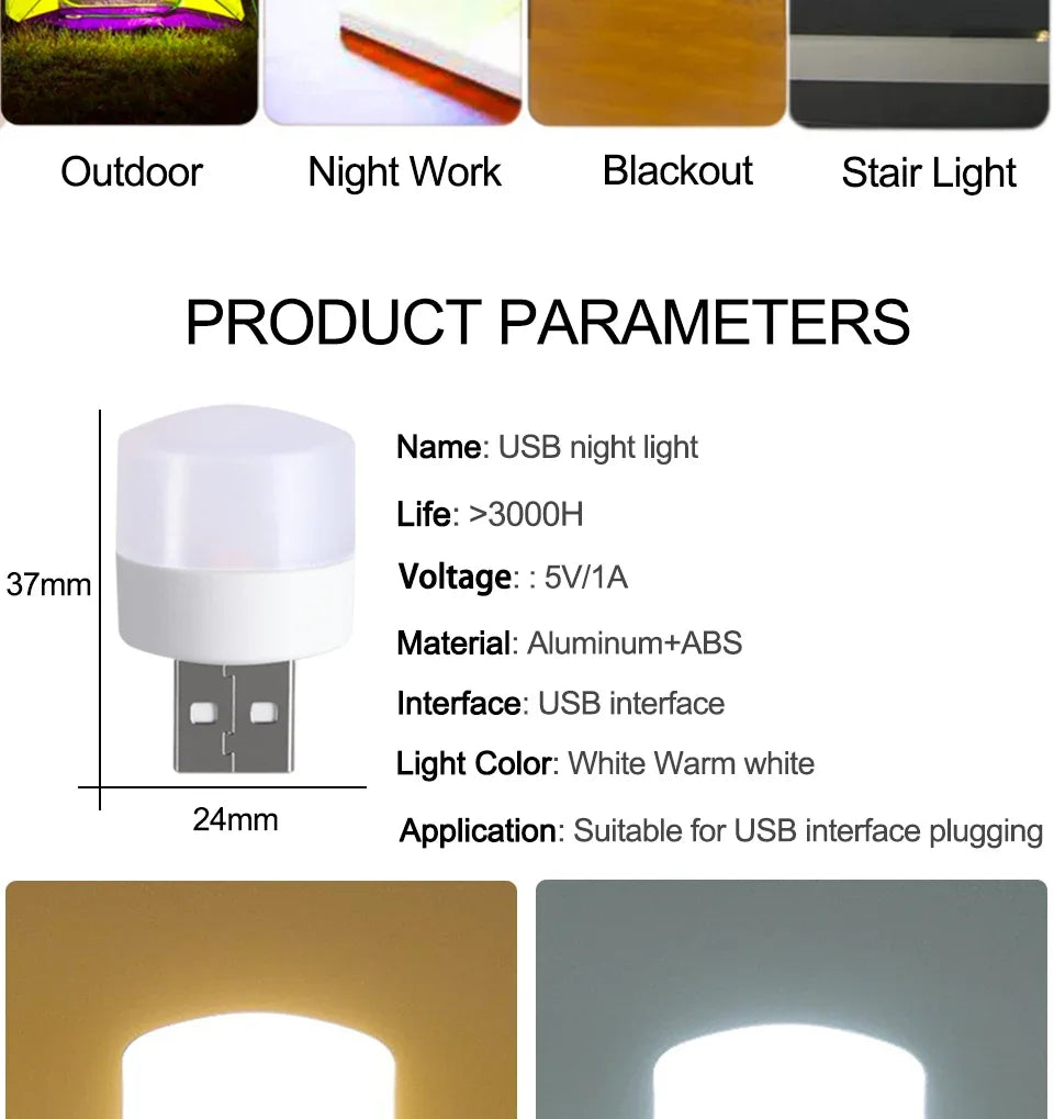 10pcs USB Plug LED Reading Lamps Eye Protection round Light for Computer Mobile Power Small Book Night Light